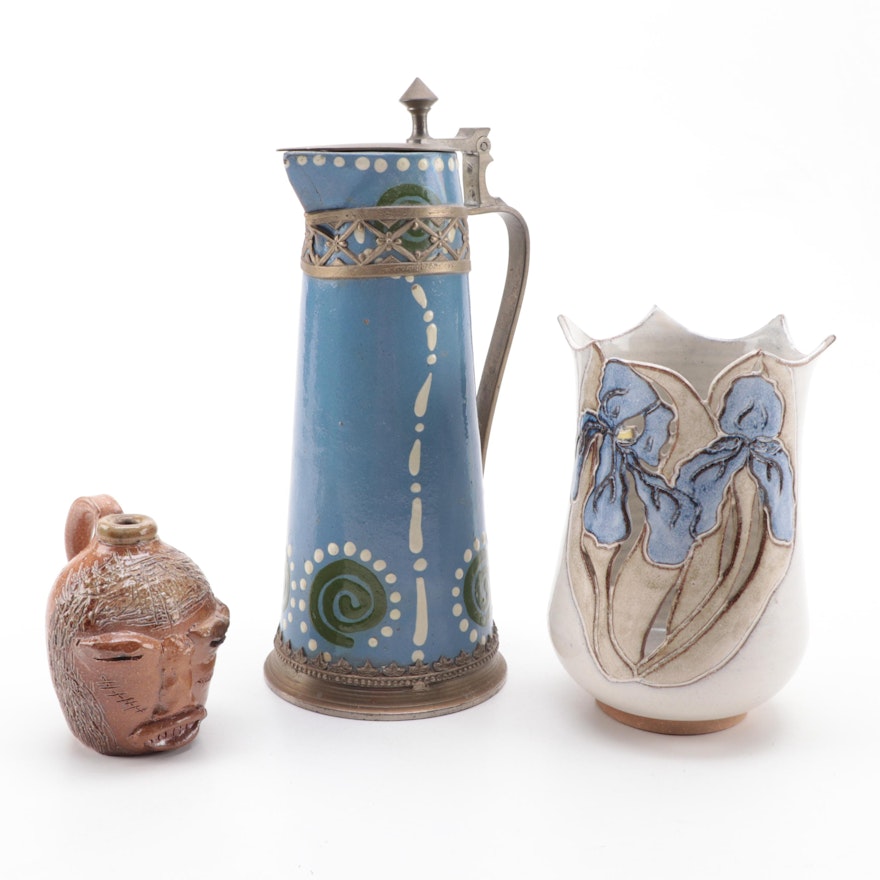 Anton Lang Stein with Little Mountain Pottery Face Jug and Davis Iris Vase