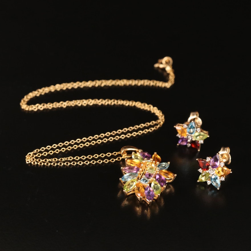 Sterling Star Earrings and Cluster Pendant Necklace Including Citrine and Perido