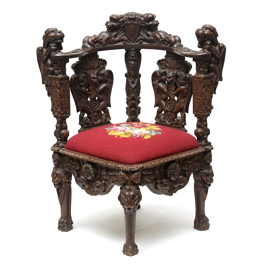 Italian Baroque Style Carved Walnut Corner Chair, Late 19th/Early 20th Century
