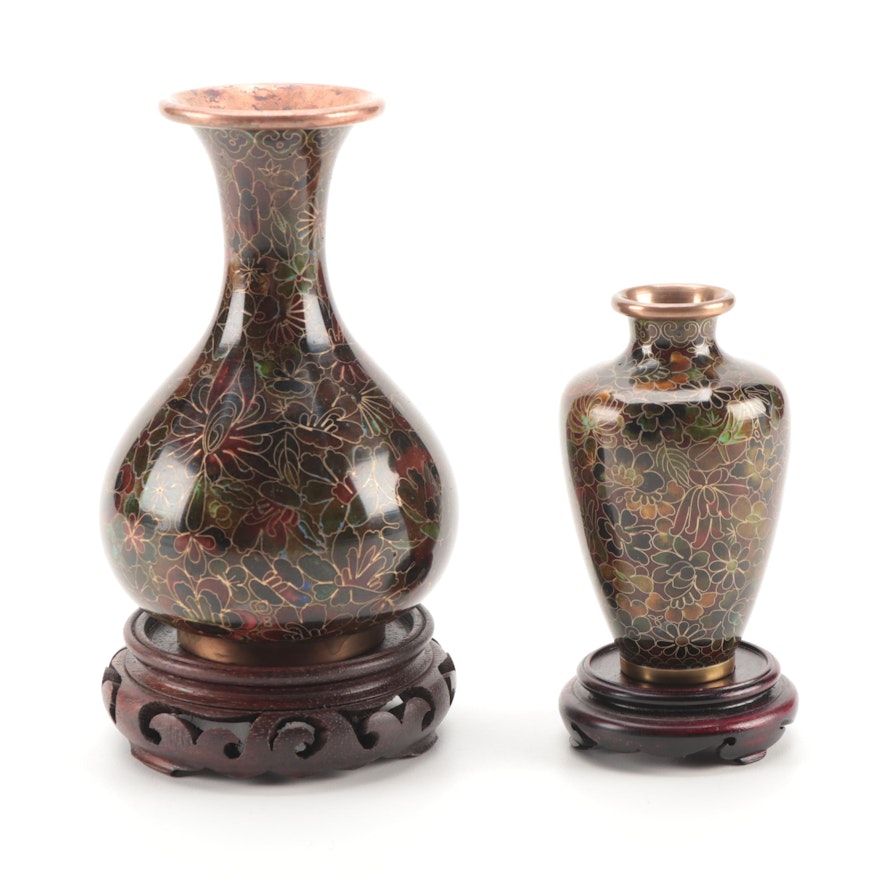 Chinese Cloisonné Thousand Flowers Vases on Wood Stands