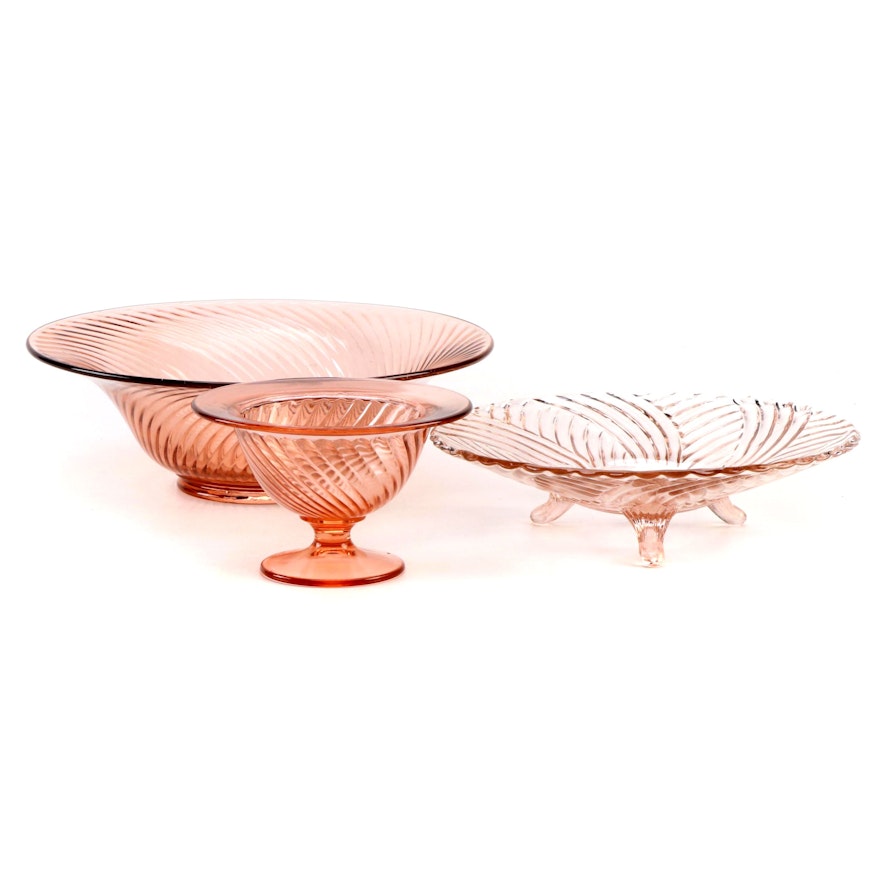 Anchor Hocking Pink Depression Glass Footed Dish with Compote and Bowl