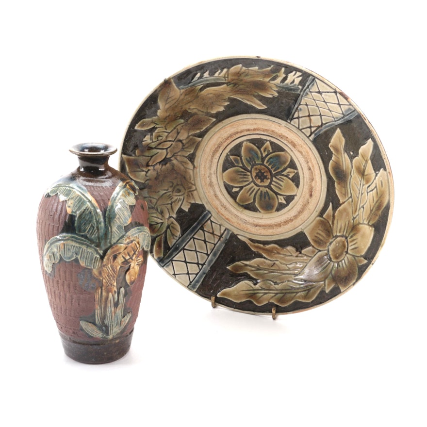 Majolica Glazed Stoneware Bud Vase and Bowl