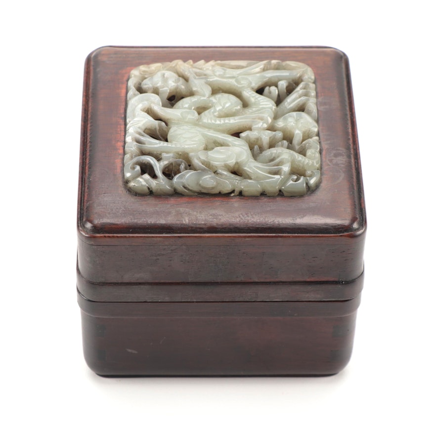 Chinese Rosewood  Box with Carved Serpentine Dragon Medallion