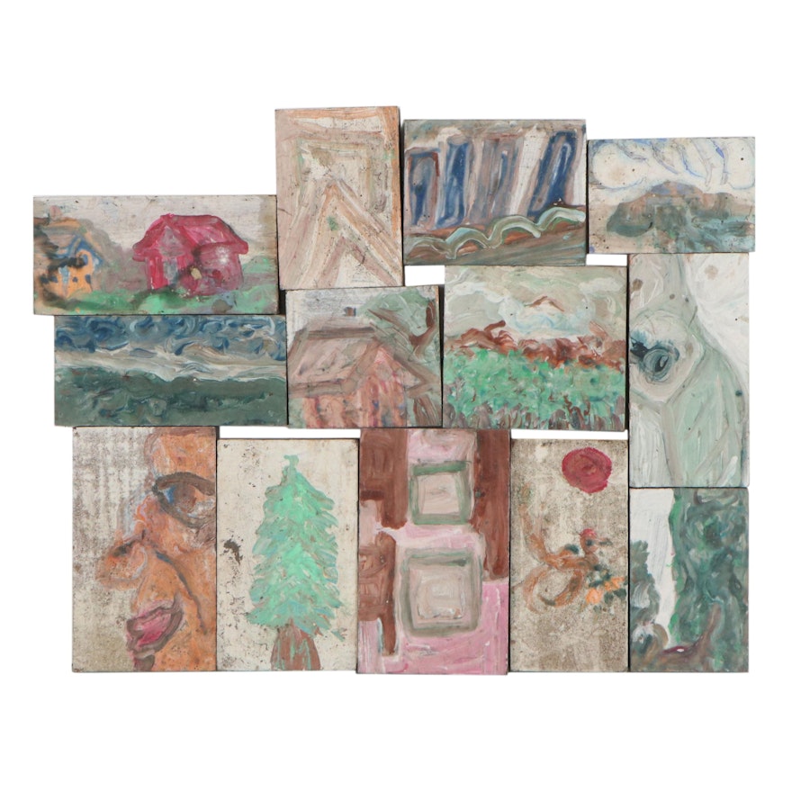 Robert Wright Folk Art Acrylic Paintings on Wood Blocks, Late 20th Century