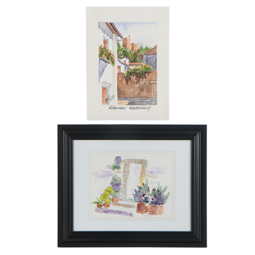 Watercolor Paintings "Umbria, Italy" and "Alhambra, Grenada"