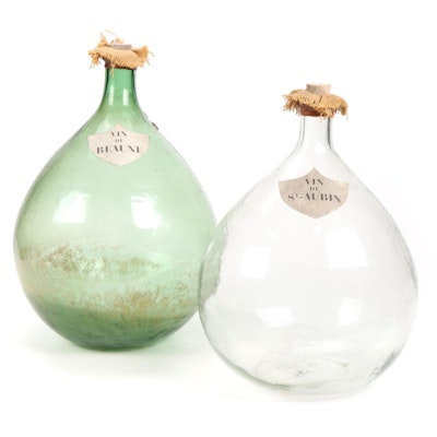 French Vin De Beaune and Vin De St. Aubin Hand Blown Glass Demijohns, Antique