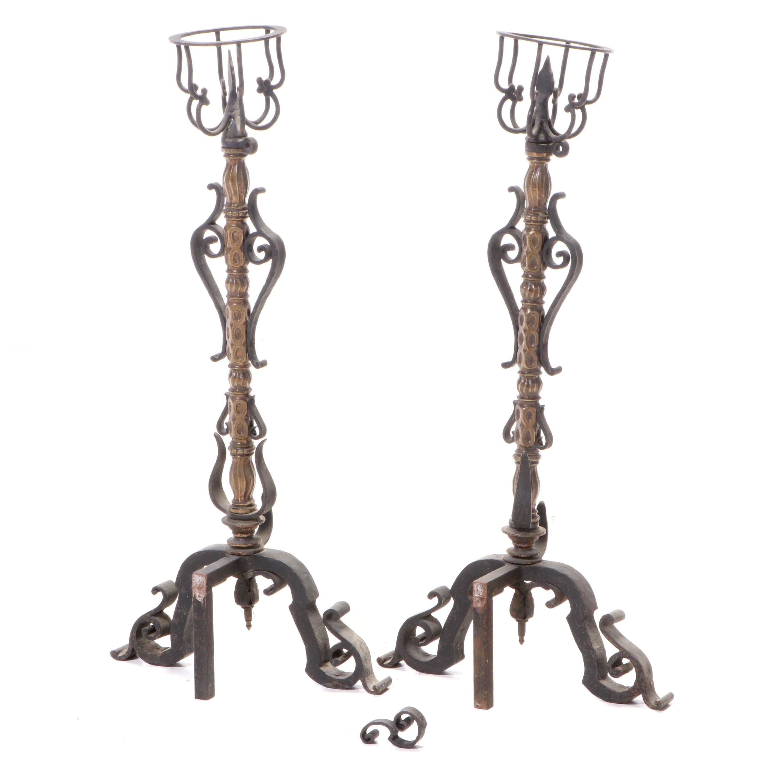 Spanish Colonial Revival Style Wrought Iron and Bronze Andirons EBTH