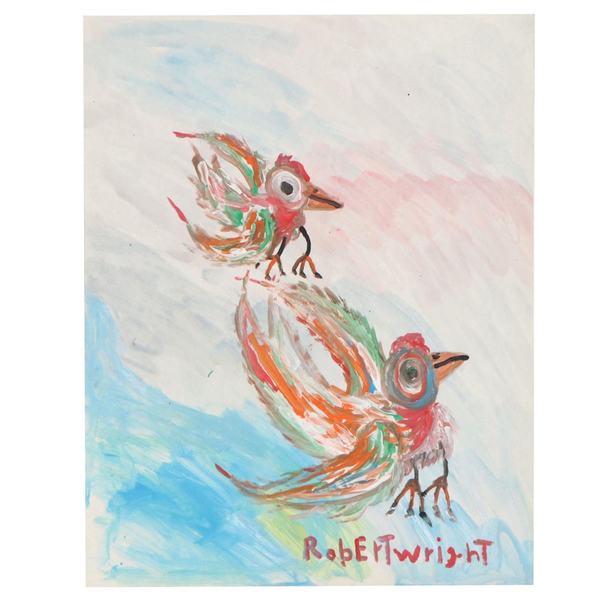Robert Wright Folk Art Acrylic Painting of Birds