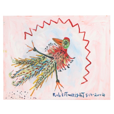Robert Wright Folk Art Acrylic Painting of Stylized Bird, 2004