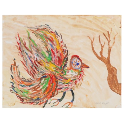 Robert Wright Folk Art Acrylic Painting of Bird and Tree
