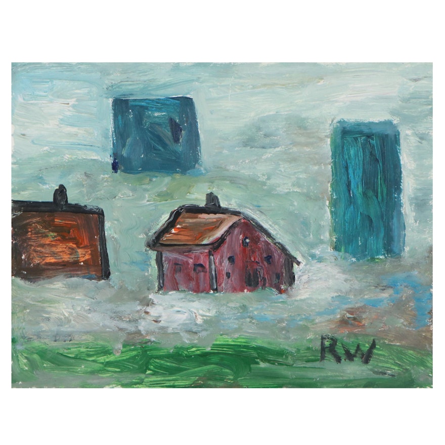 Robert Wright Folk Art Acrylic Painting of Landscape With Houses