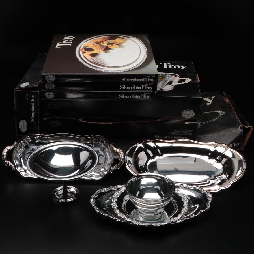 Leonard and Other Silver Plate Relish Serving Trays, Compote and Bowl