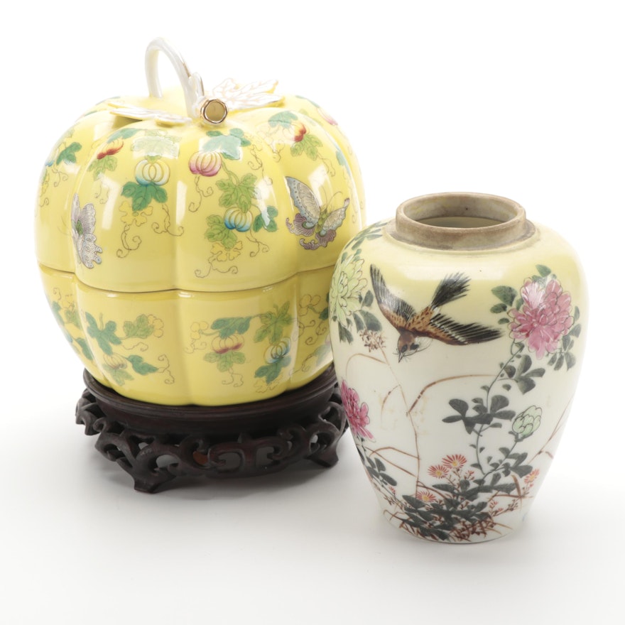 Chinese Porcelain Famille Jaune Pumpkin Shaped Box and Japanese Ginger Jar
