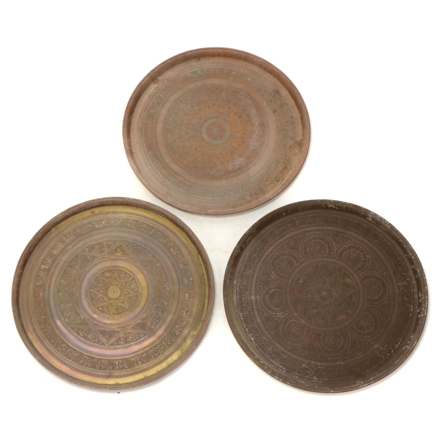 Indo-Persian Style Chased Brass and Metal Round Trays
