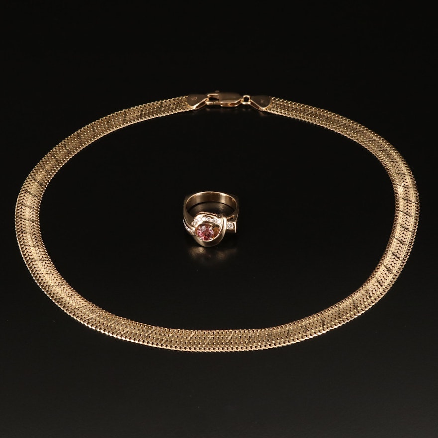 14K Spinel and Diamond Ring with Euro Shank and 14K Fancy Link Necklace
