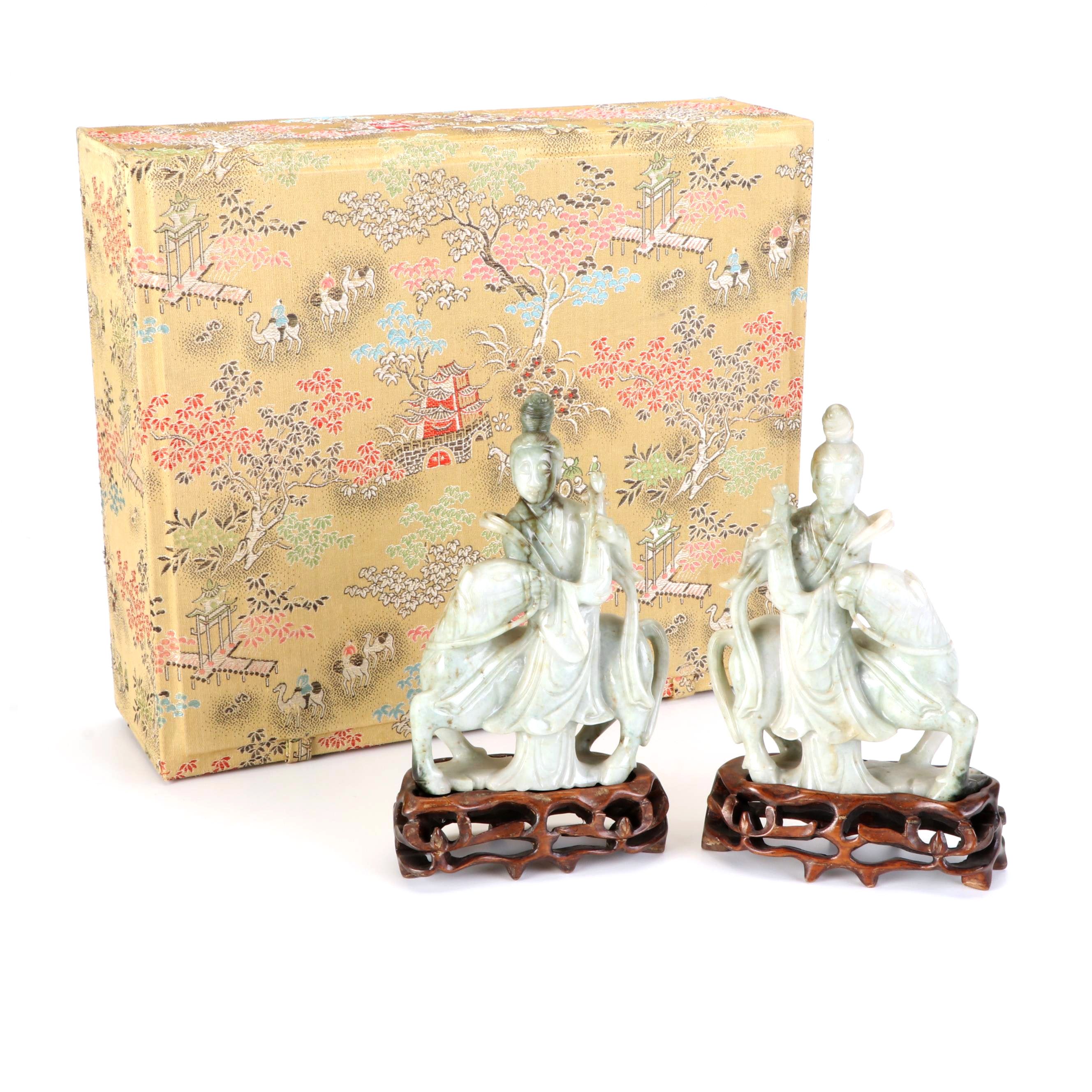 Chinese Carved Jadeite Figurines with Box EBTH