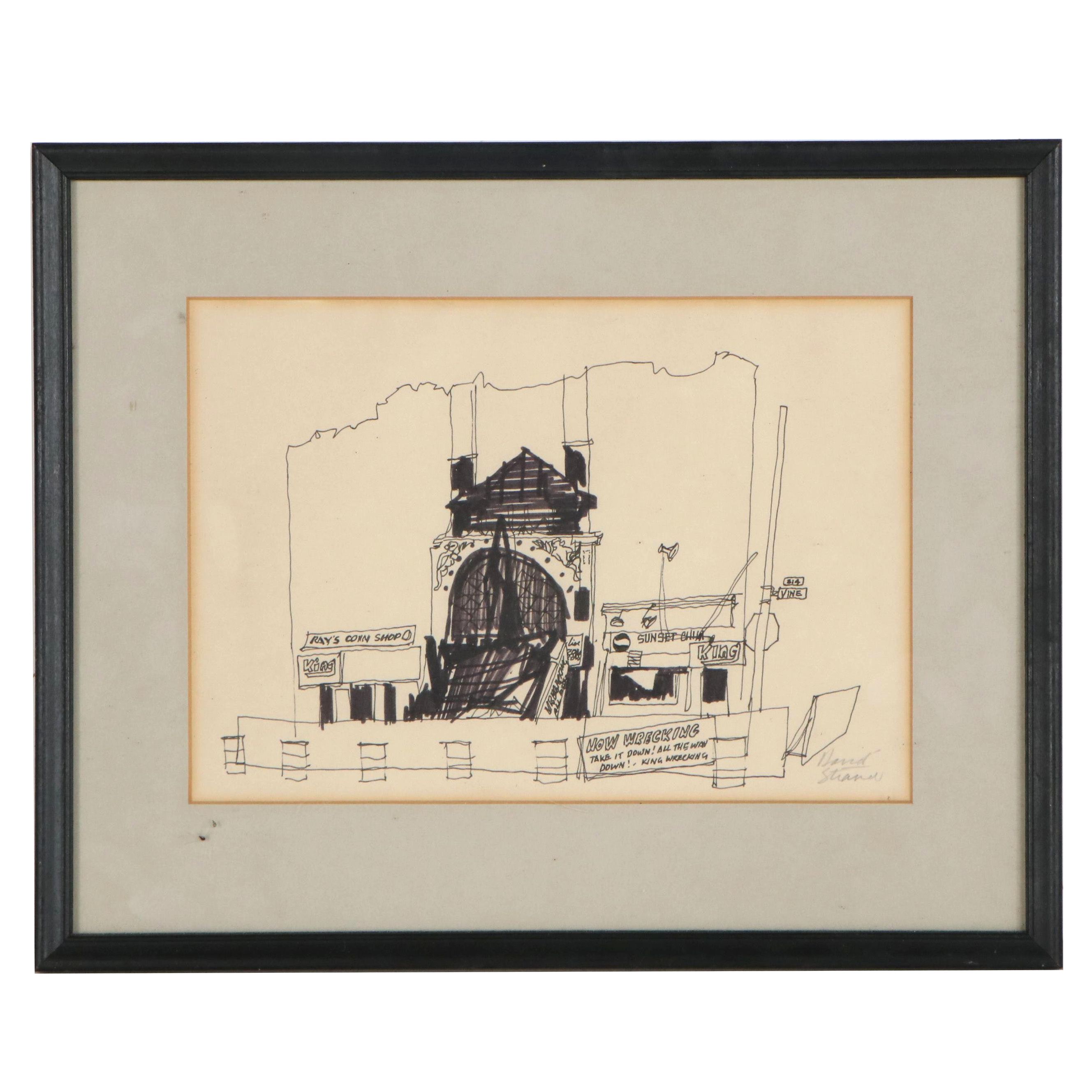David Strand Cartoon Ink Drawing of Ballpark | EBTH