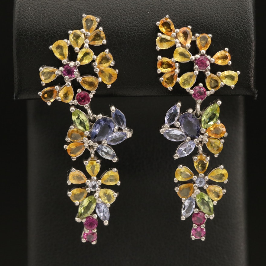 Sterling Floral Cluster Earrings Including Sapphire, Garnet and Peridot