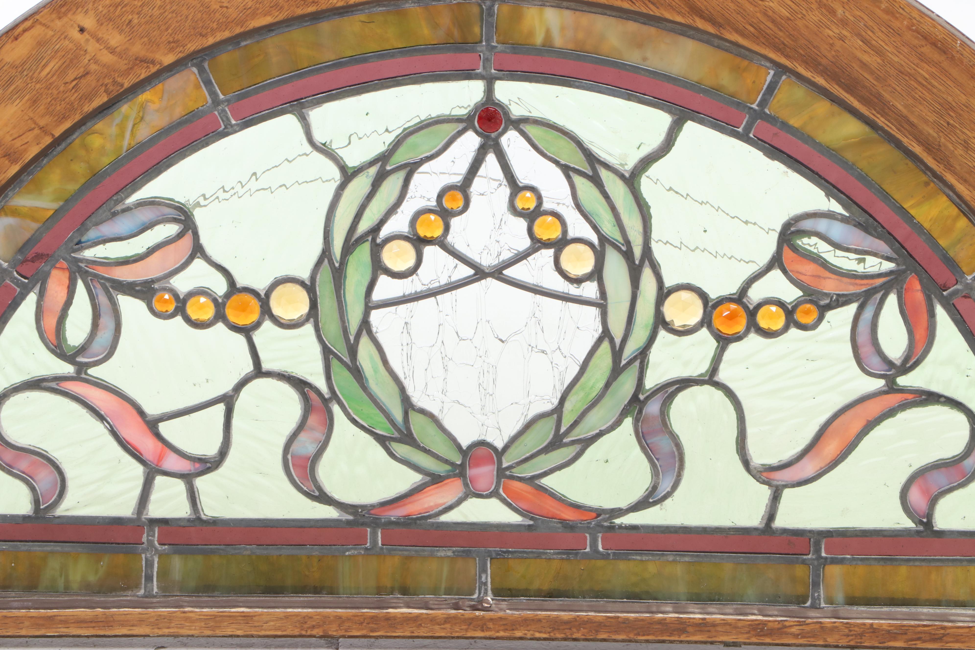 Quartersawn Oak and Stained Glass Arched Transom Window EBTH