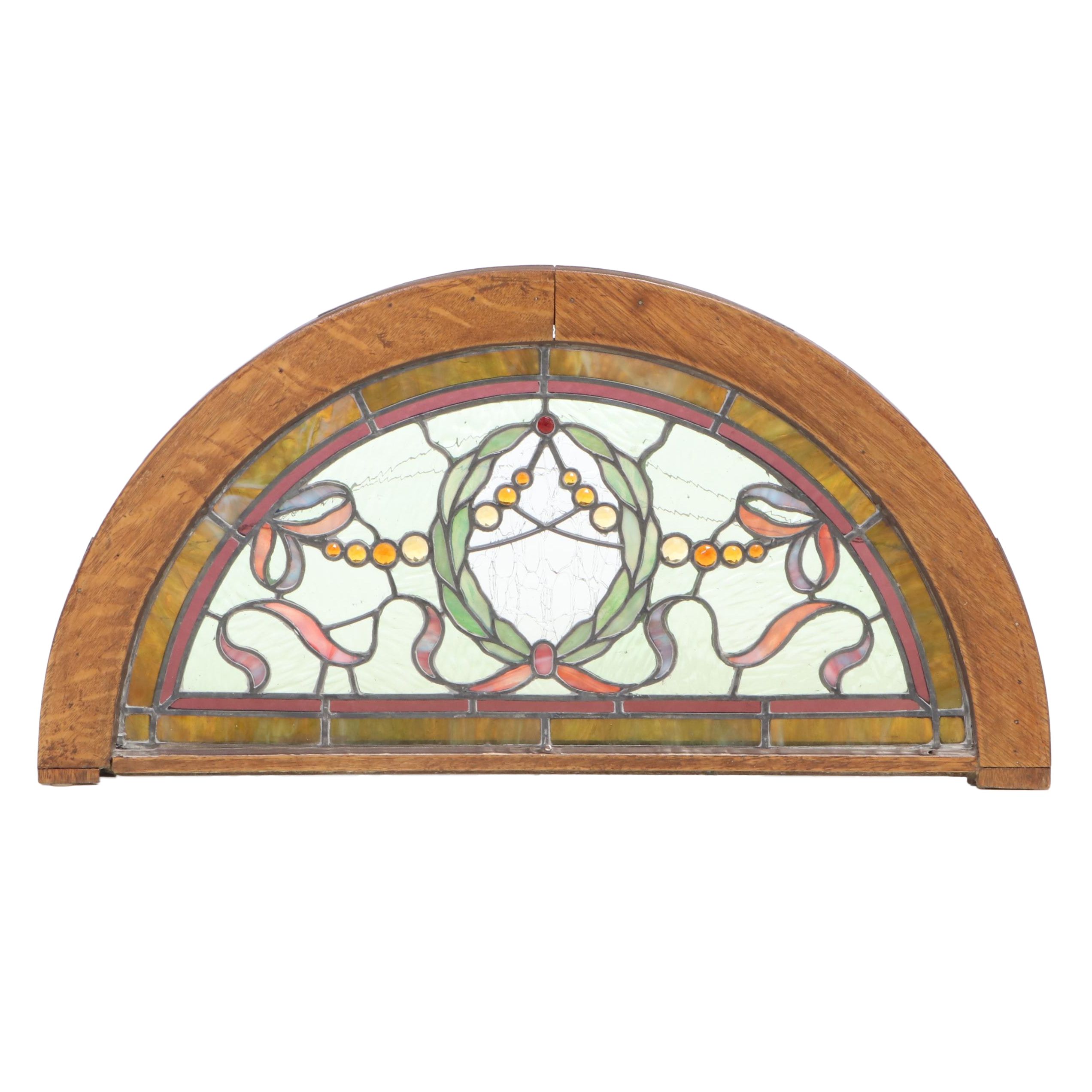 Quartersawn Oak and Stained Glass Arched Transom Window EBTH