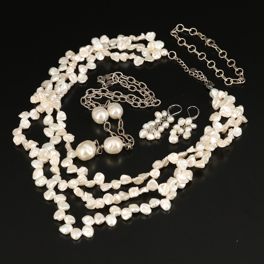 Sterling Pearl and Faux Pearl Lariat and Multi-Strand Necklaces with Earrings
