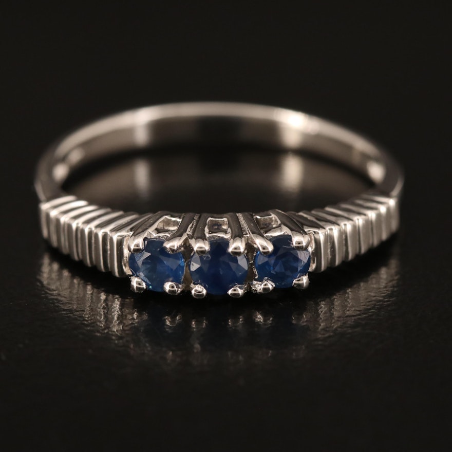 Sterling Sapphire Three Stone Fluted Shoulder Ring