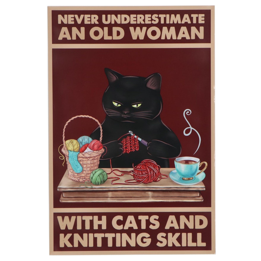 Black Cat Crocheting Giclée Poster, Circa 2020