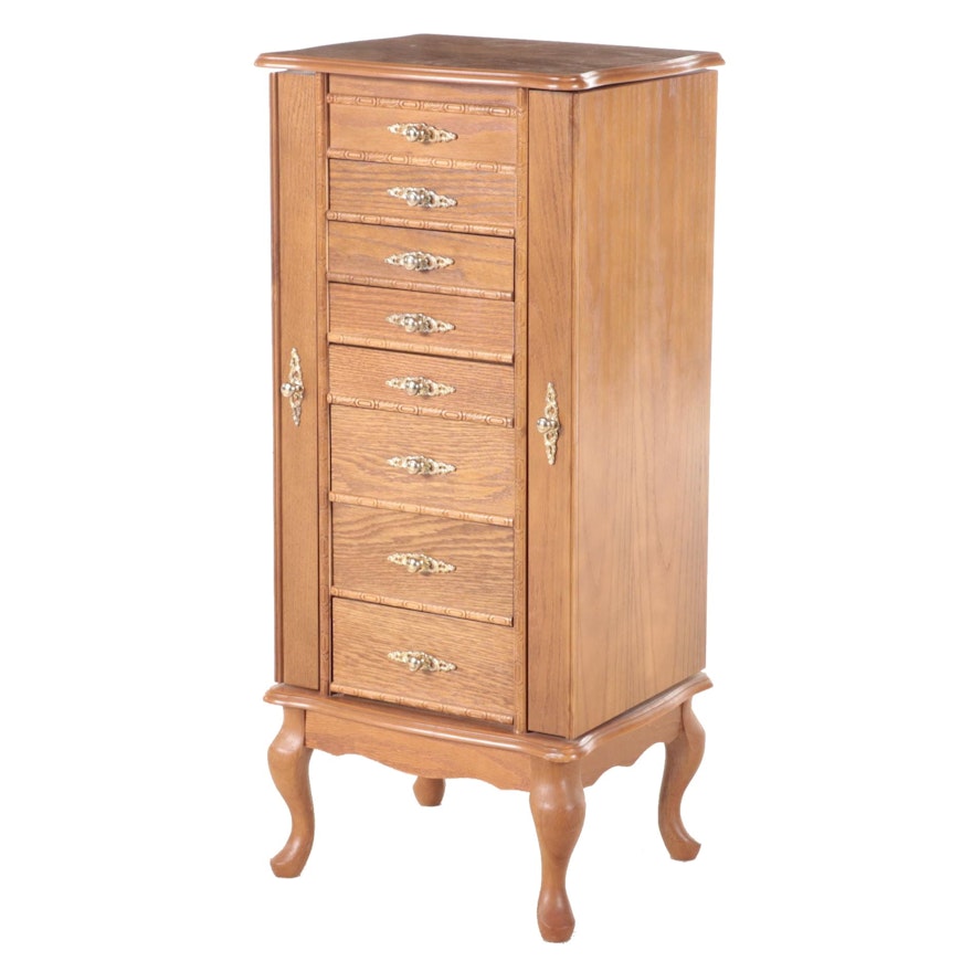 Queen Anne Style Oak Seven-Drawer Jewelry Armoire, Late 20th Century