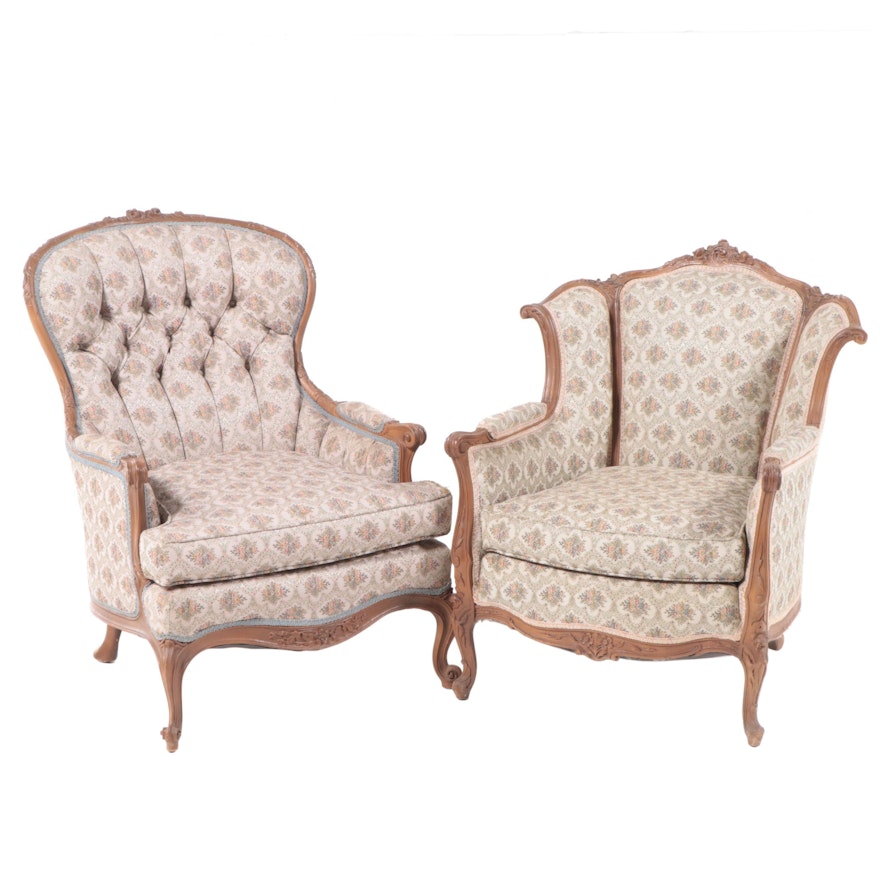 Two Louis XV Style Carved Hardwood and Floral-Upholstered Bergères, 20th Century