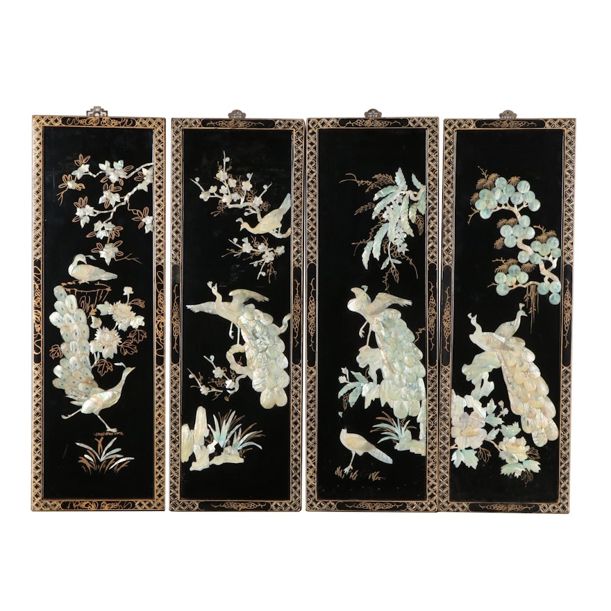 Chinese Style Peacock Motif Inlaid and Lacquered Panels