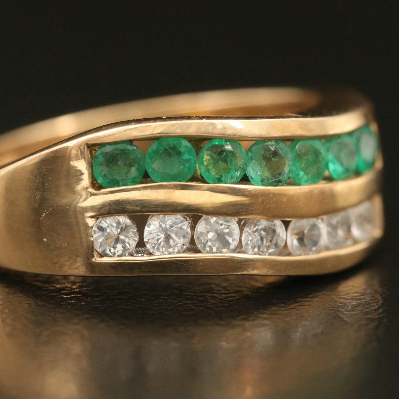 10K Emerald and Sapphire Channel Double Row Wave Ring | EBTH