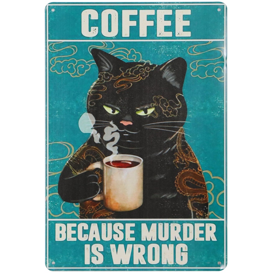 Contemporary Giclée of Black Cat Drinking Coffee, 21st Century