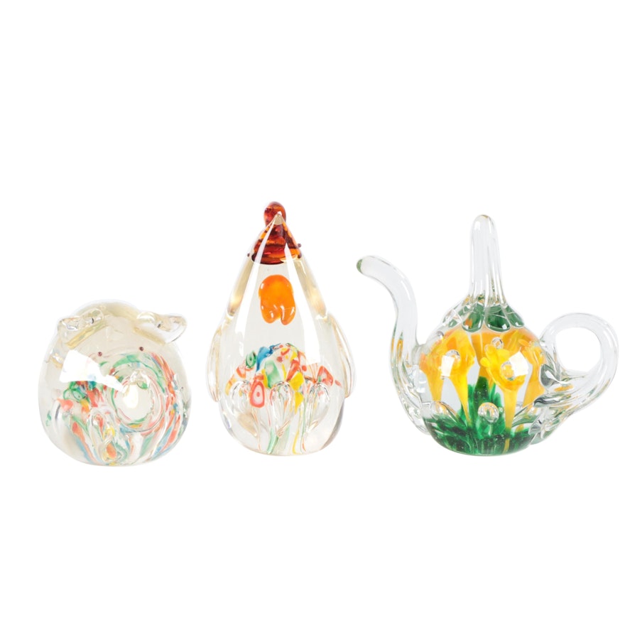 Murano Style Handblown Art Glass Pig, Rooster, and Teapot Paperweights