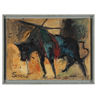Walter Sorge Stylized Oil Painting of a Bull, Circa 1955