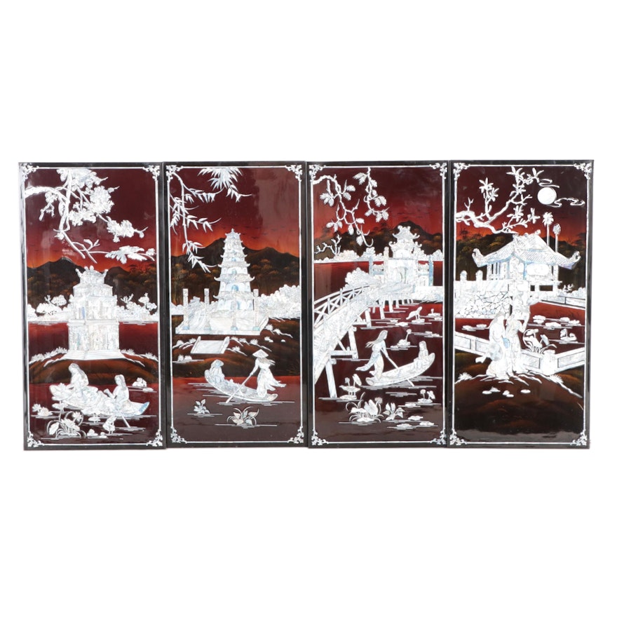 Chinese Lacquerware Wall Panels with Mother of Pearl and Abalone Inlay