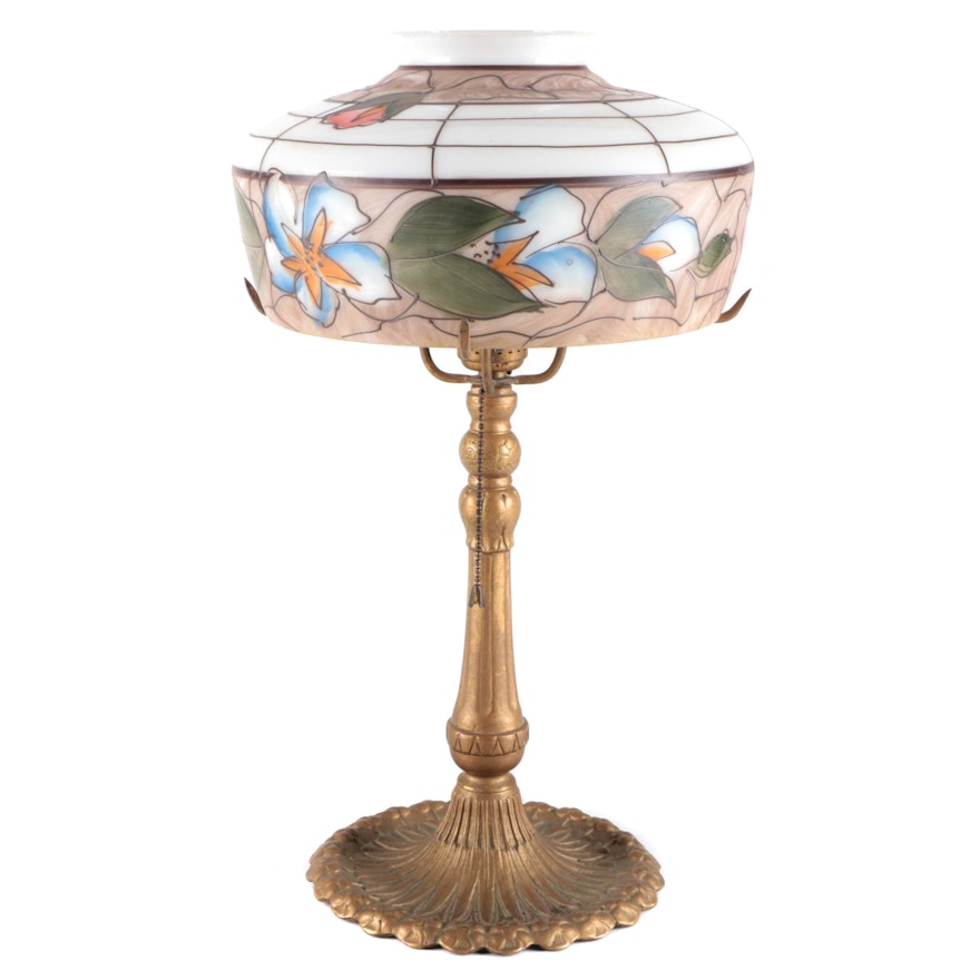 Art Nouveau Style Brass Table Lamp with Hand-Painted Glass Shade