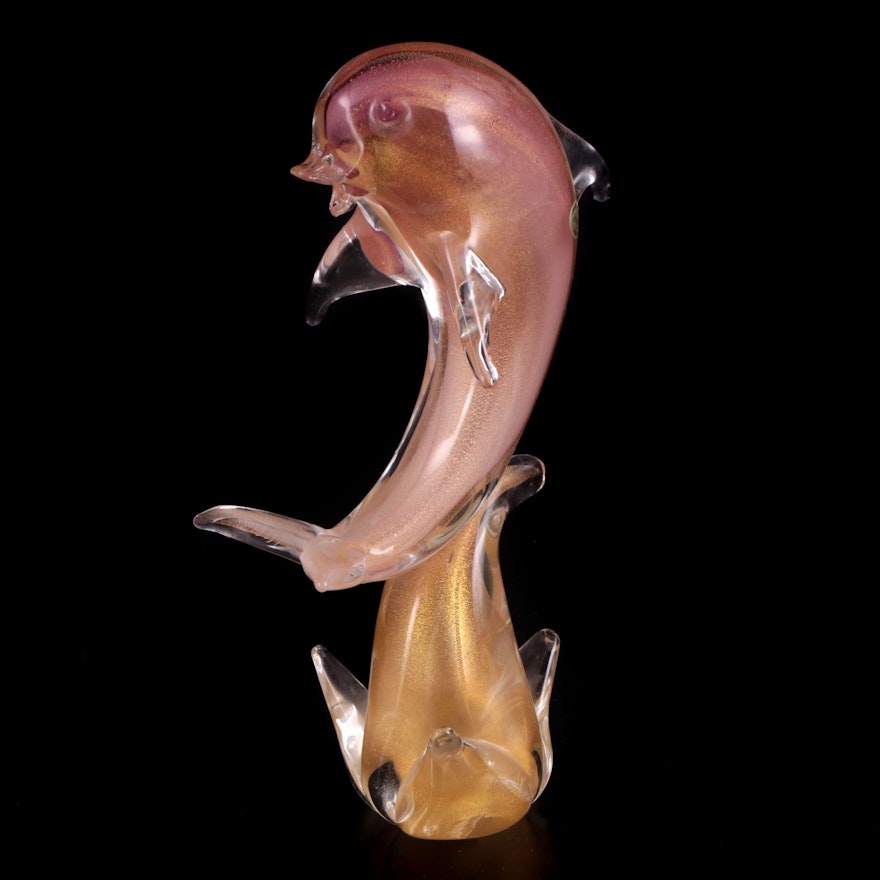Handcrafted Murano Pink with Gold Leaf Art Glass Dolphin Figurine