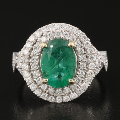 14K 2.17 CT Emerald and 1.19 CTW Diamond Double Halo Ring