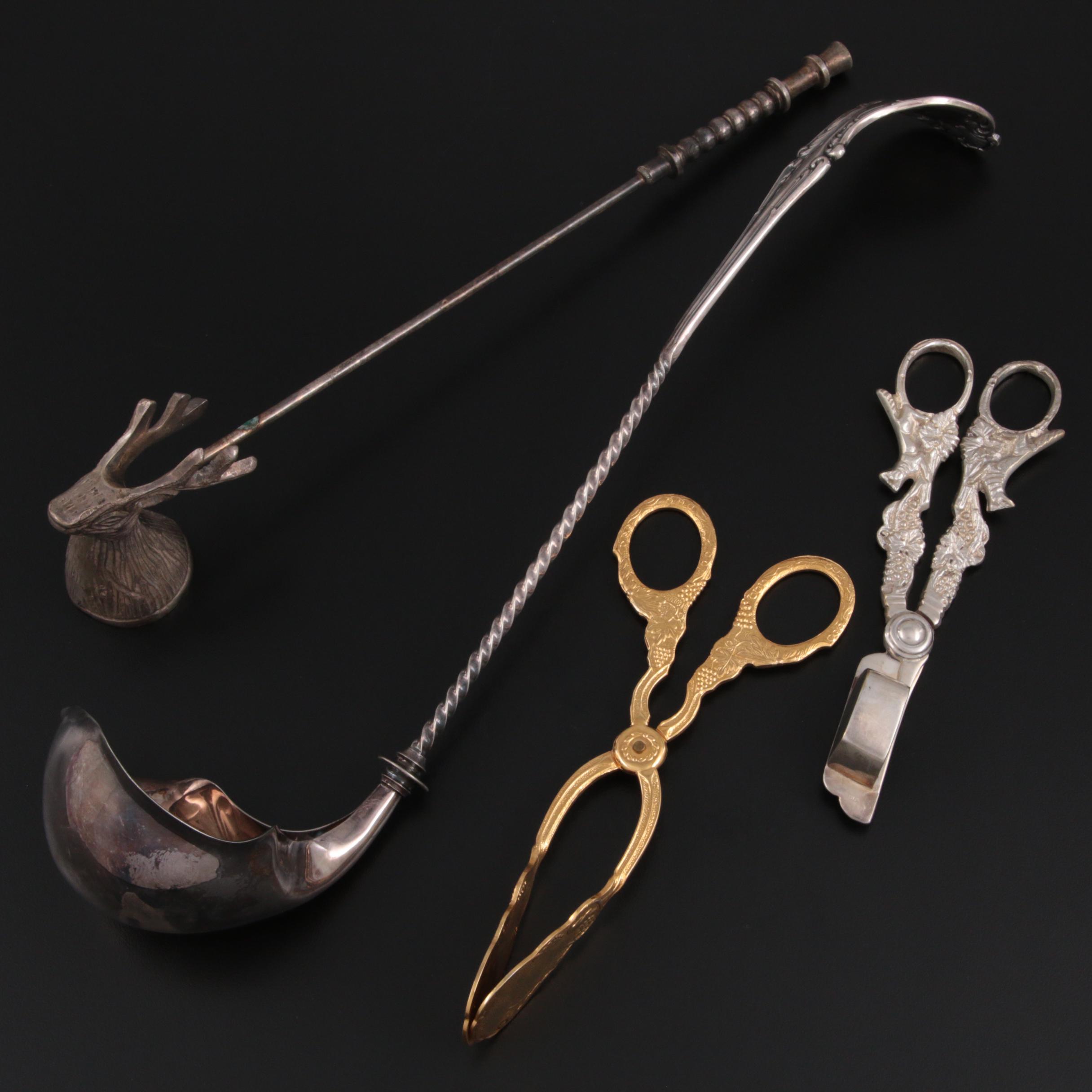 Wallace "Astoria" Silver Plate Punch Ladle with Other Tongs and Candle