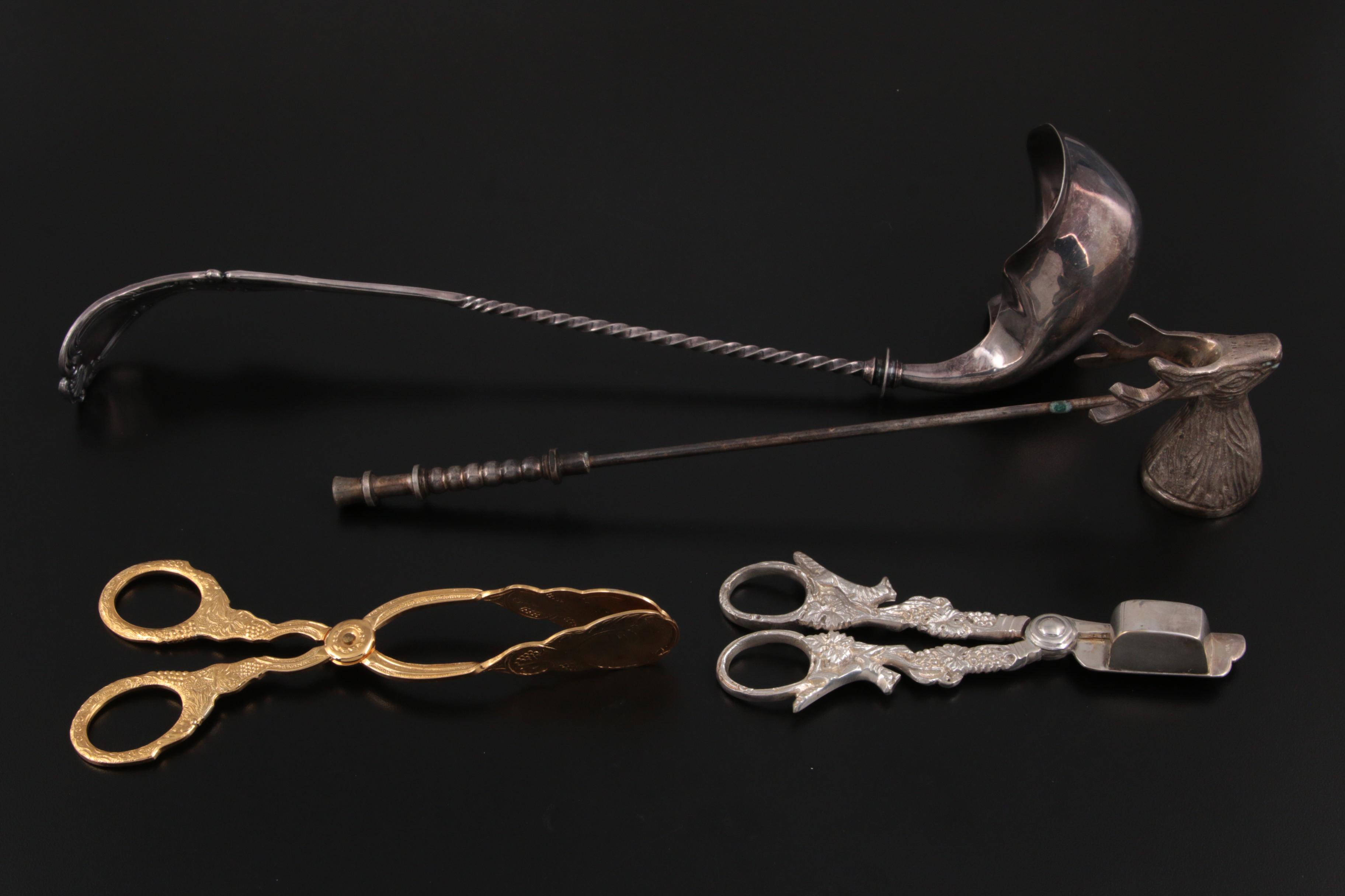 Wallace "Astoria" Silver Plate Punch Ladle with Other Tongs and Candle