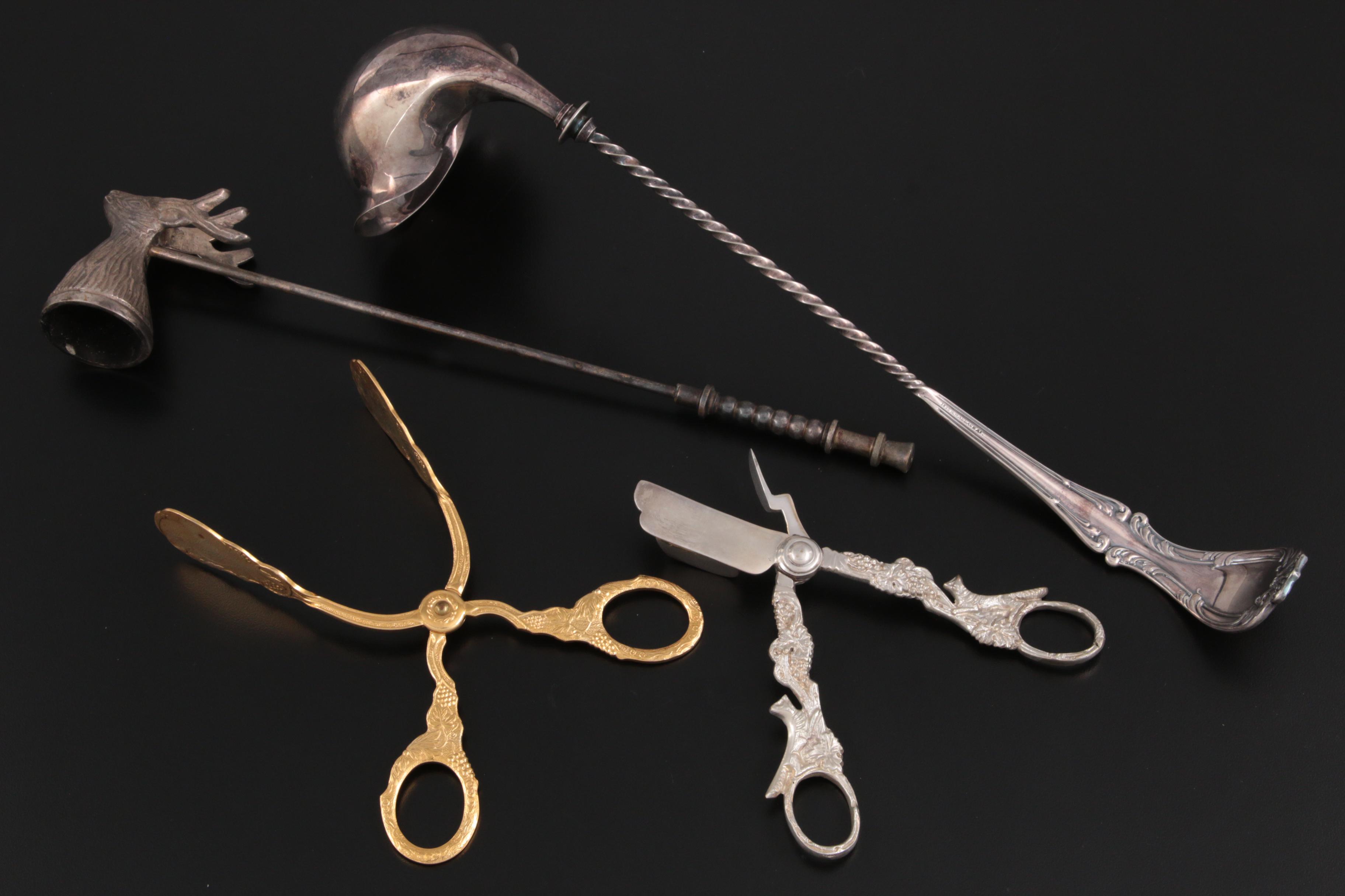 Wallace "Astoria" Silver Plate Punch Ladle with Other Tongs and Candle