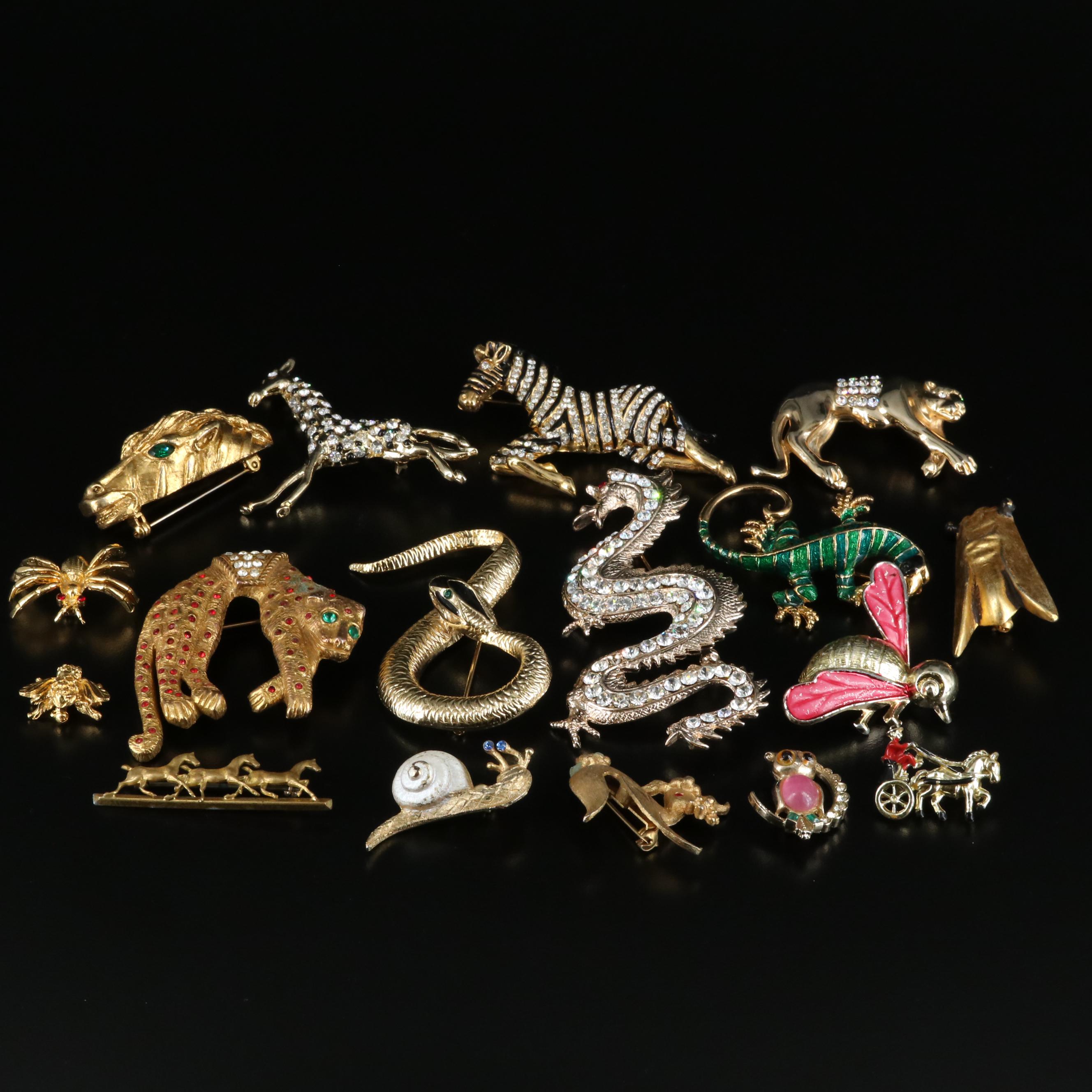 Vintage Animal Brooches Including Dragon, Zebra, Owl and Snail EBTH