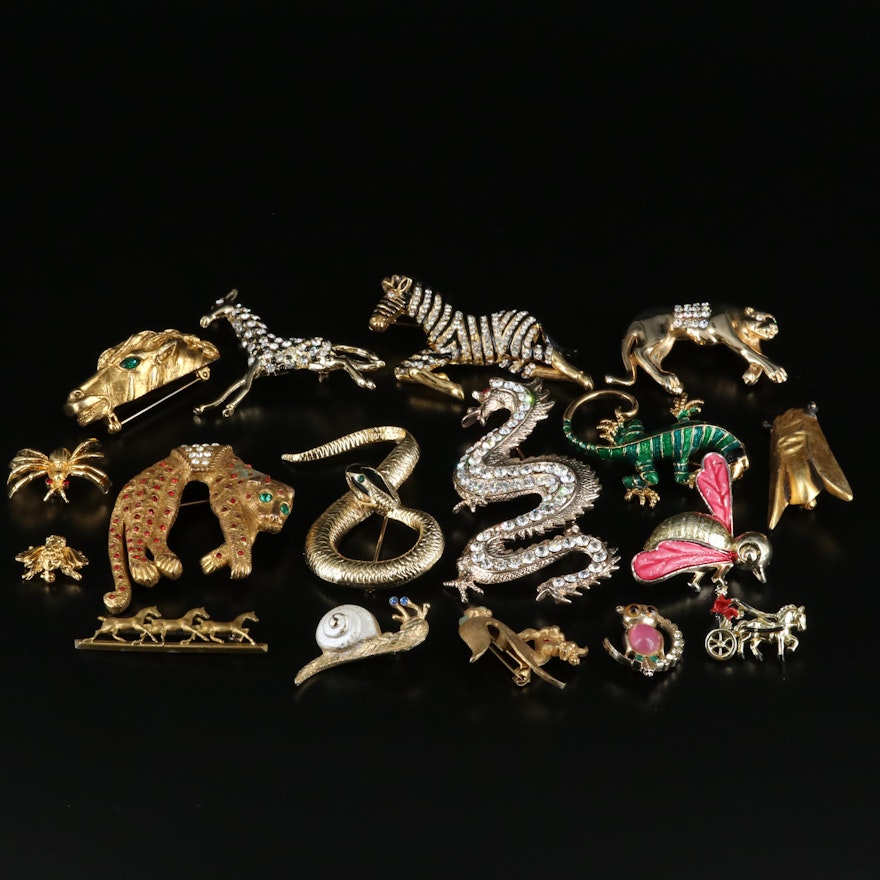 Vintage Animal Brooches Including Dragon, Zebra, Owl and Snail