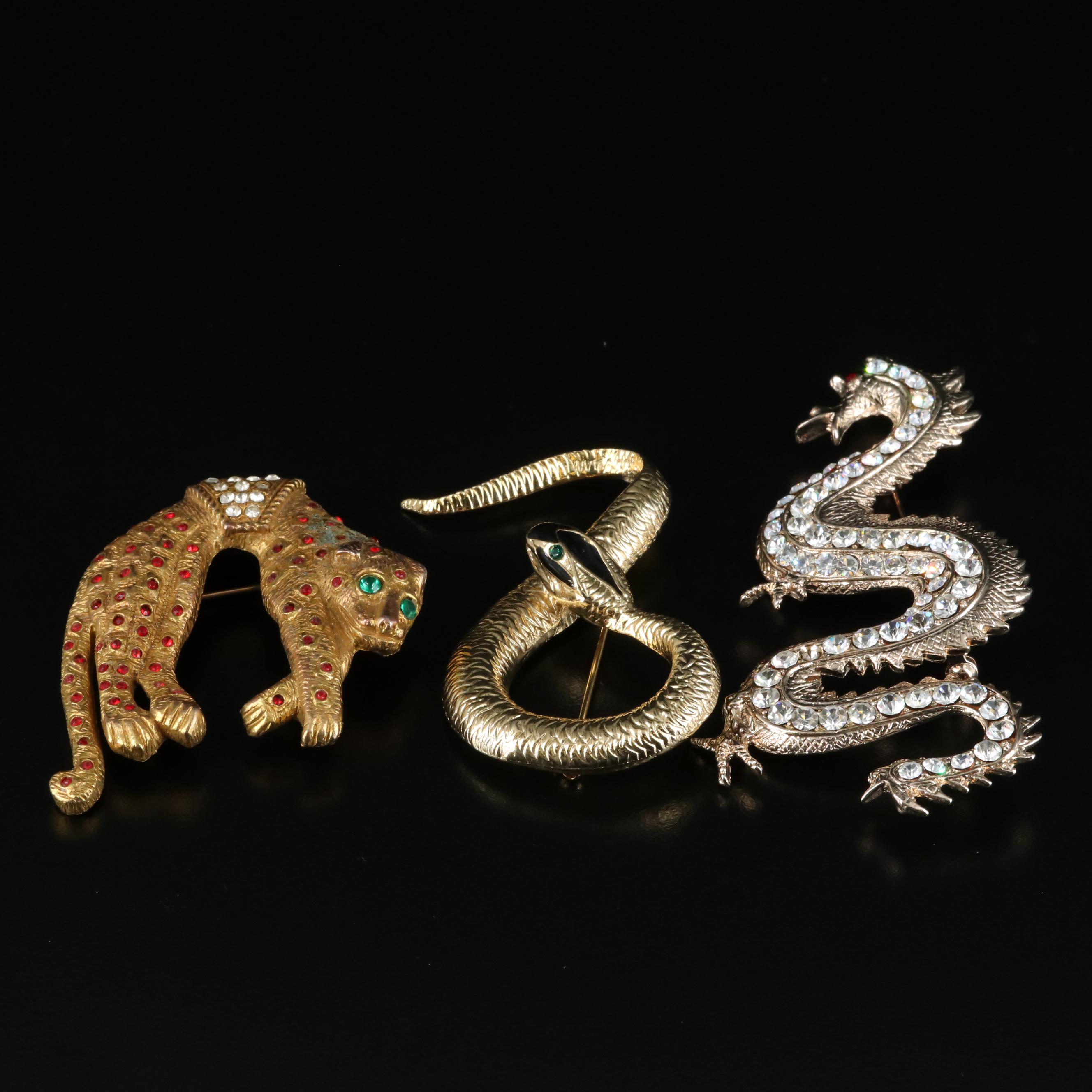 Vintage Animal Brooches Including Dragon, Zebra, Owl and Snail EBTH