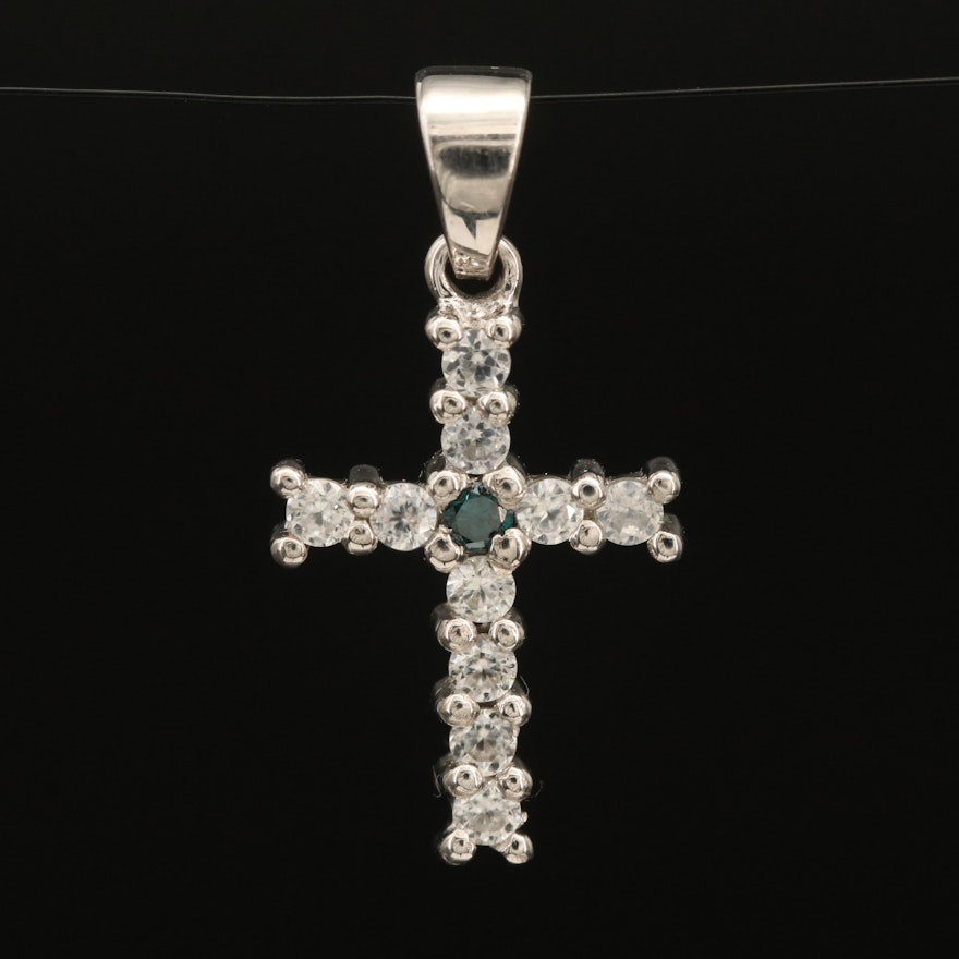 Sterling Silver Sapphire and White Zircon Cross Pendant