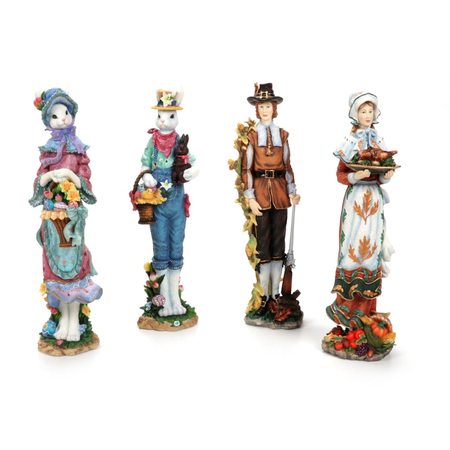 Lenox Thanksgiving Pilgrim and Easter Bunny Bonded Porcelain Figurines, 2000s