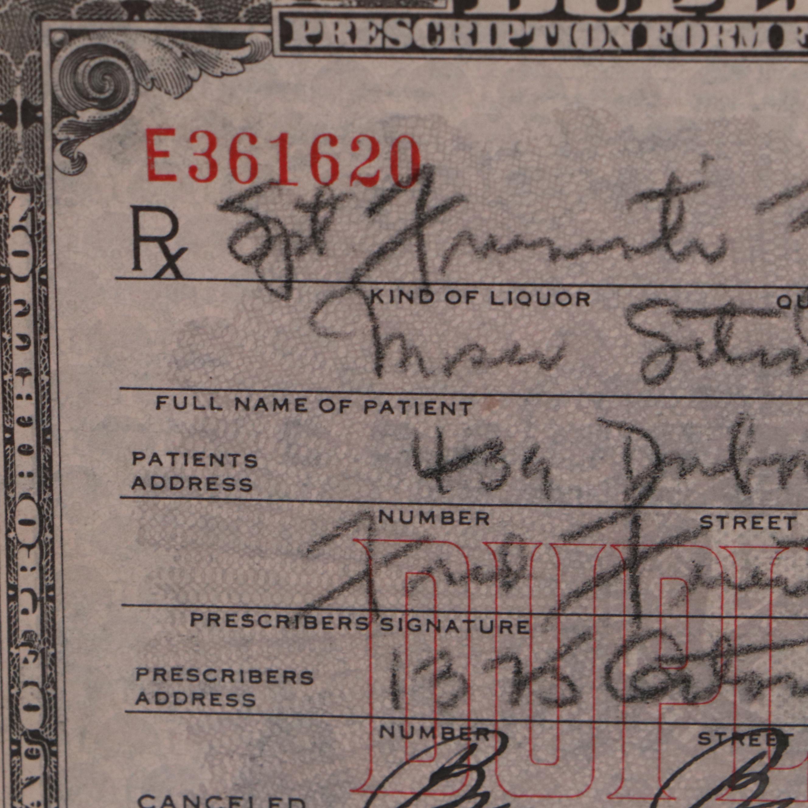 National Prohibition Act Medicinal Liquor Prescription Form Duplicate