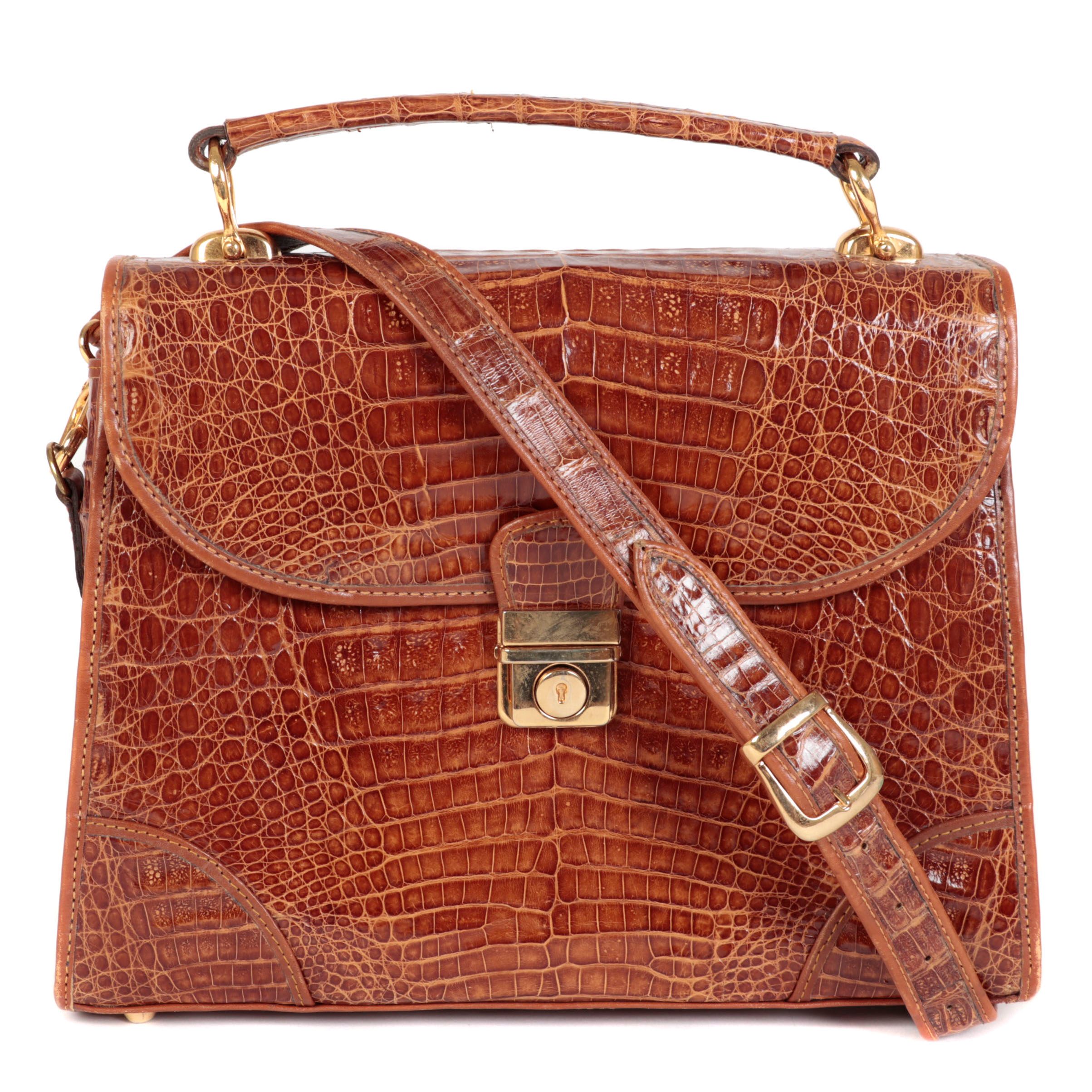 Caiman Skin Top Handle Small Satchel in with Detachable Shoulder Strap