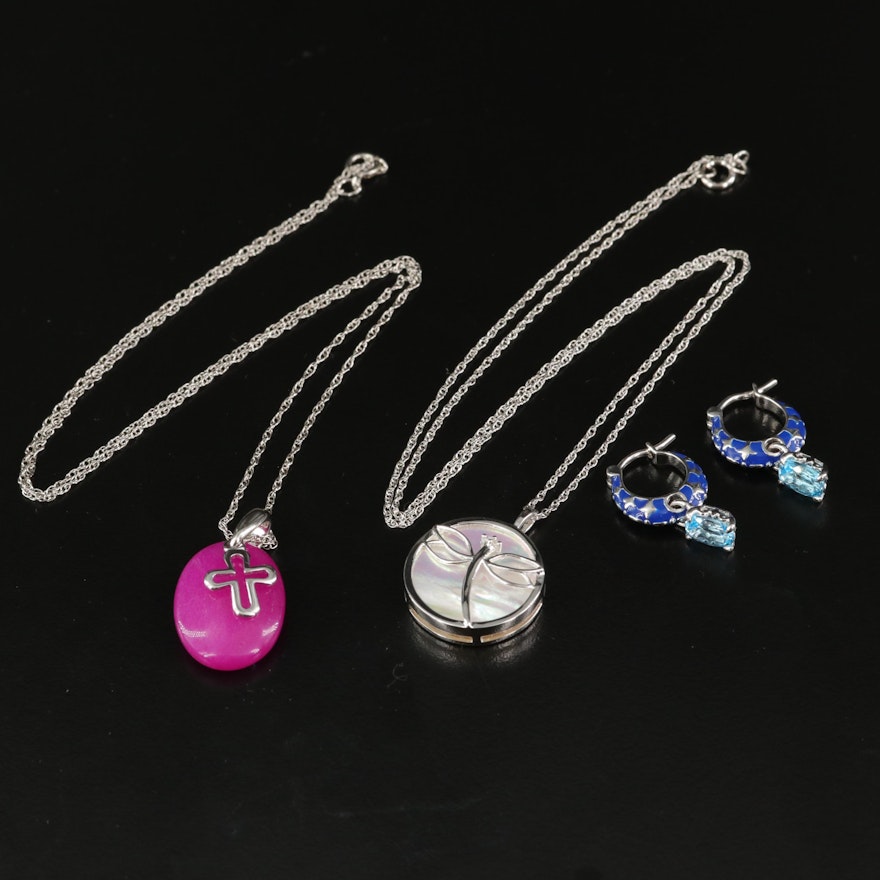 Sterling Cross and Dragonfly Pendant Necklaces with Drop Earrings
