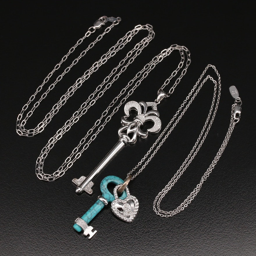 Sterling Key Pendant Necklaces Including Diamond and Turquoise
